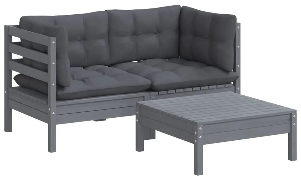 3 pcs conj. lounge de jardim com almofadões antracite pinho
