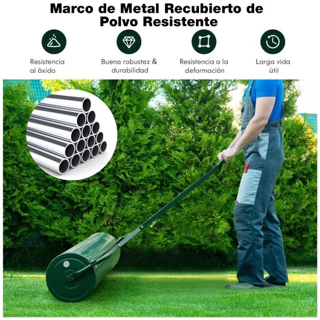 Rolo para relva metálico 63L Ø30cm cheio de água/areia empurrado/puxado/enrolado com pega amovível Verde