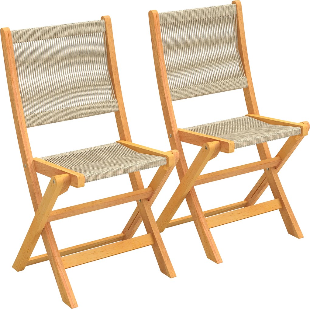 Outsunny Conjunto de 2 Cadeiras de Jardim Dobráveis Cadeiras de Varanda em Madeira de Acácia FSC Assento em Corda Trançada Natural e Bege | Aosom Portugal