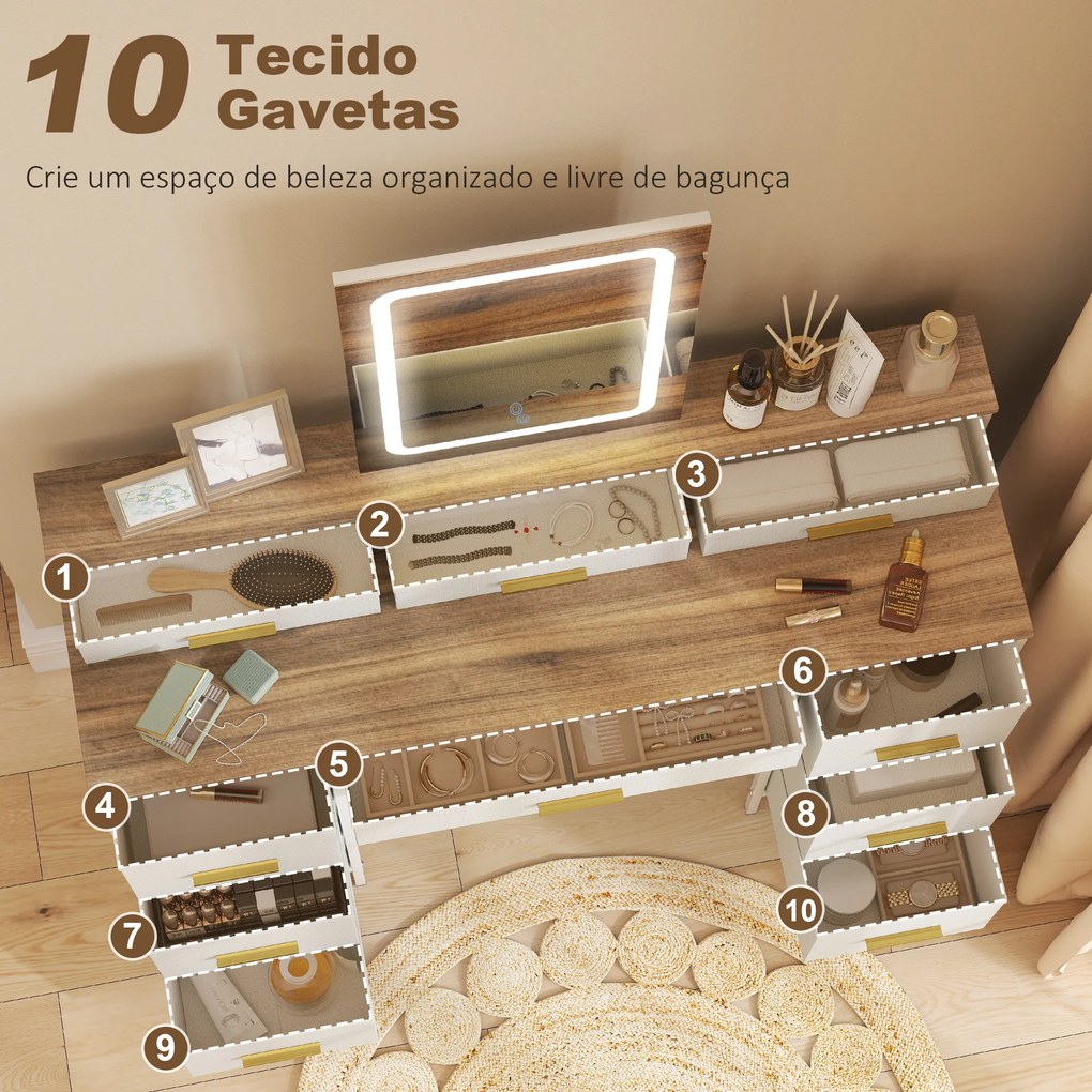 Toucador com Luzes LED de 3 Cores Espelho 10 Gavetas de Tecido e Pés em Aço 118,5x39,5x140 cm cor madeira, cinzento e dourado