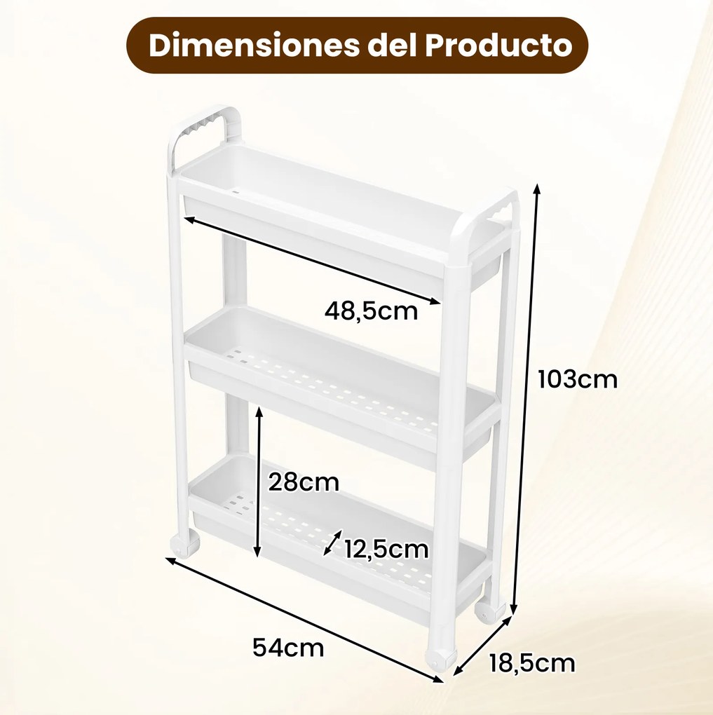 Carrinho estreito de 3 níveis com rodas e pegas54×18,5×76 cm Organizador móvel para cozinha, casa de banho, lavandaria e escritório Branco