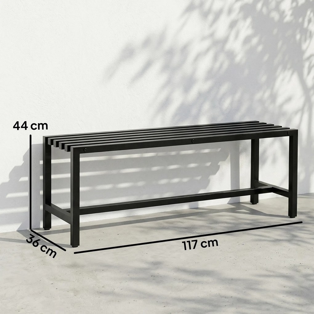 Banco de jardim de 2 lugares em aço galvanizado 117 x 36 x 44 cm, assento com ripas, sem encosto, capacidade para 240 kg, preto
