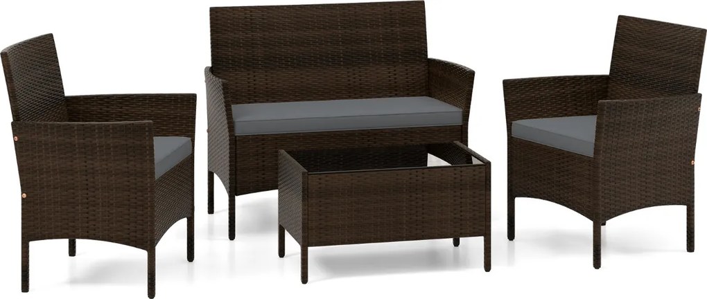 Conjunto de jardim, 4 peças: mobiliário de exterior com cadeira, sofá de 2 lugares e mesa de vidro temperado Castanho misto e almofadas Cinzentas