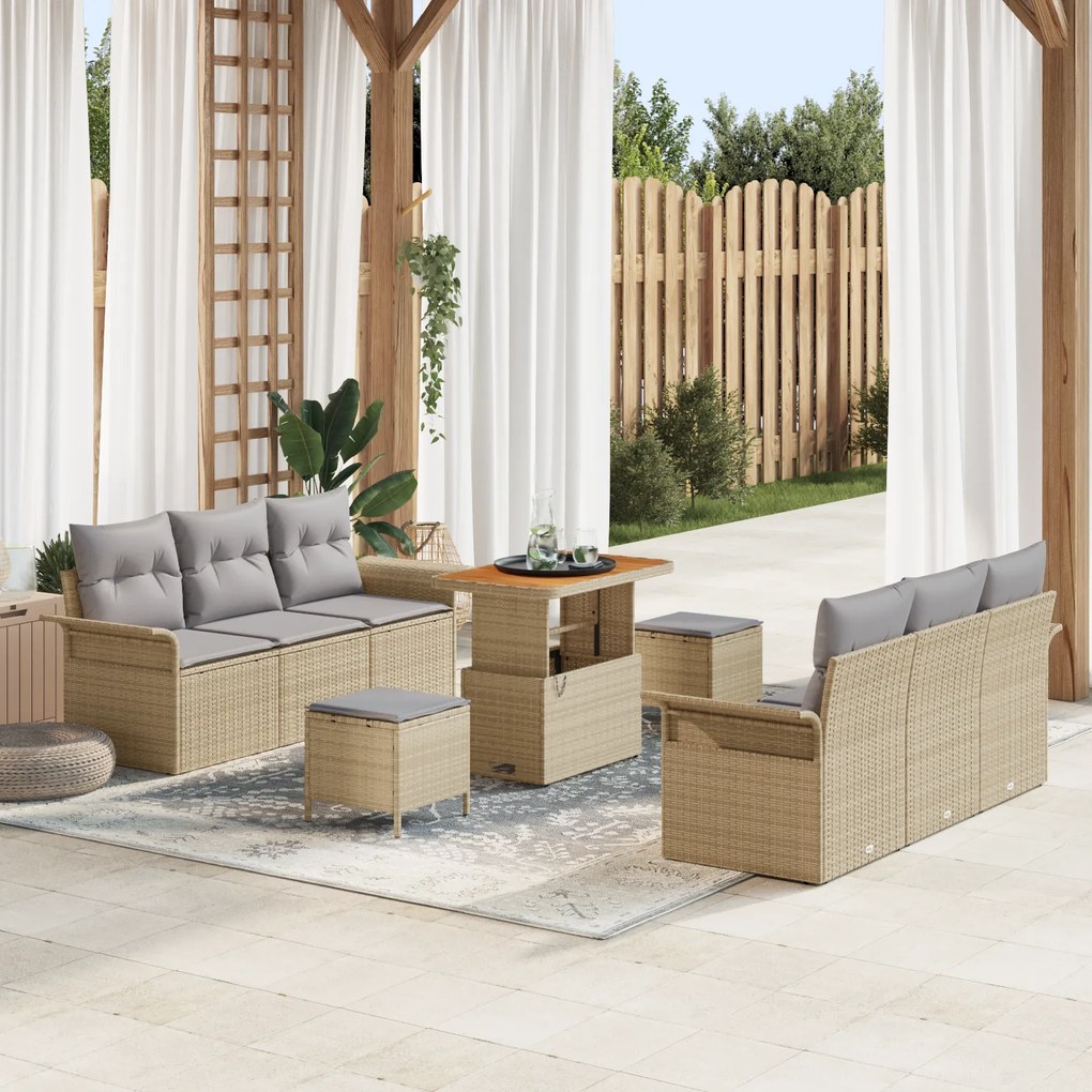 Conjunto de Sofá de Jardim de 9 Peças com Almofadas Bege Vime Acácia