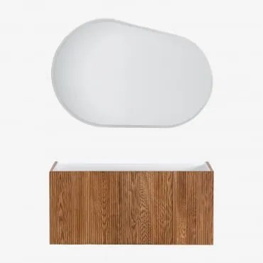 Conjunto De Móvel De Casa De Banho Suspenso Em Madeira Com Lavatório Integrado Fiore Castanho Fresno & Oval Led E Anti-embaciamento 120x80 Cm - Sklum