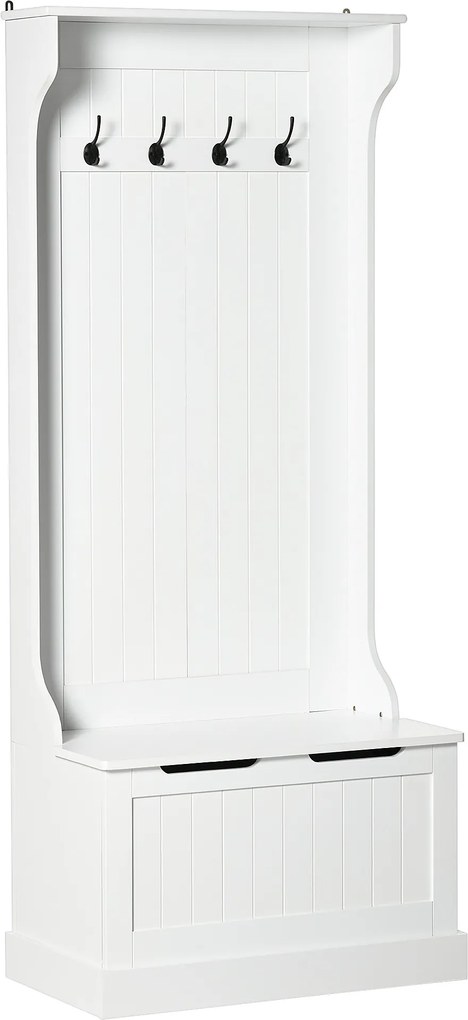 HOMCOM Móvel de entrada 4 em 1, armário de entrada com banco de arrumação e 4 ganchos duplos, 71,5 x 39,5 x 170 cm, branco | Aosom Portugal