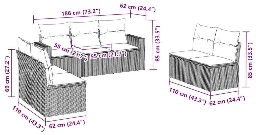 7 pcs conjunto de sofás jardim c/ almofadões vime PE castanho