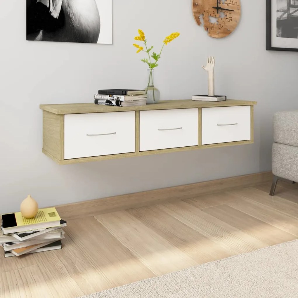 800599 vidaXL Prateleira gavetas parede 88x26x18,5 cm contraplacado branco