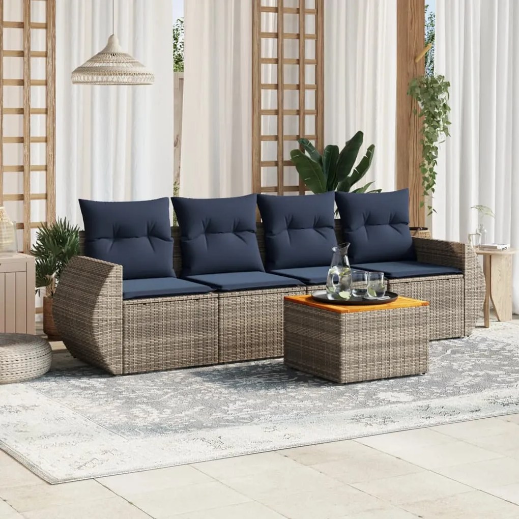 vidaXL 5 pcs conjunto sofás p/ jardim c/ almofadões vime PE cinzento