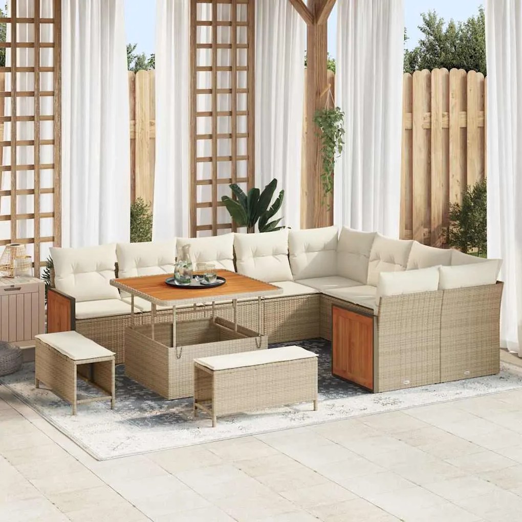 Conjunto de Sofá de Jardim vidaXL 12 Peças com Almofadas Bege de Ratta