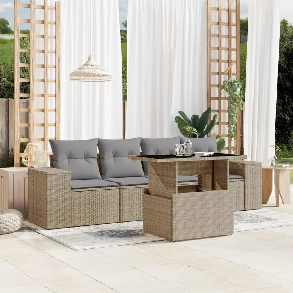 5 pcs conjunto de sofás p/ jardim com almofadões vime PE bege