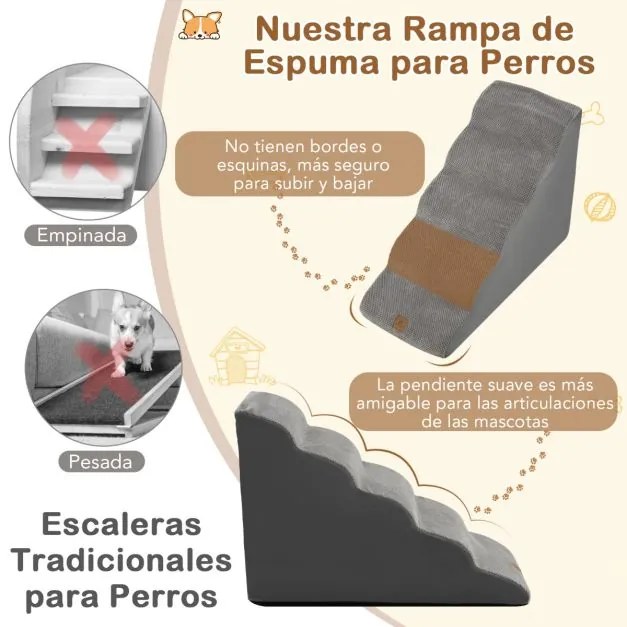 Rampa de espuma para cães Escada de 5 níveis para animais de estimação com cobertura lavável Base antiderrapante Cinzento