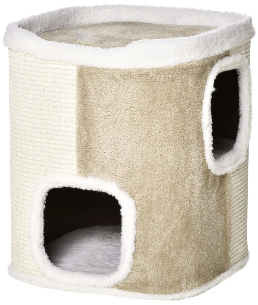 PawHut Arranhador Cilíndrico Felinos 2 Níveis Cavidade Sisal Pelúcia Confortável Brinquedo Diversão 40x40x49cm Bege