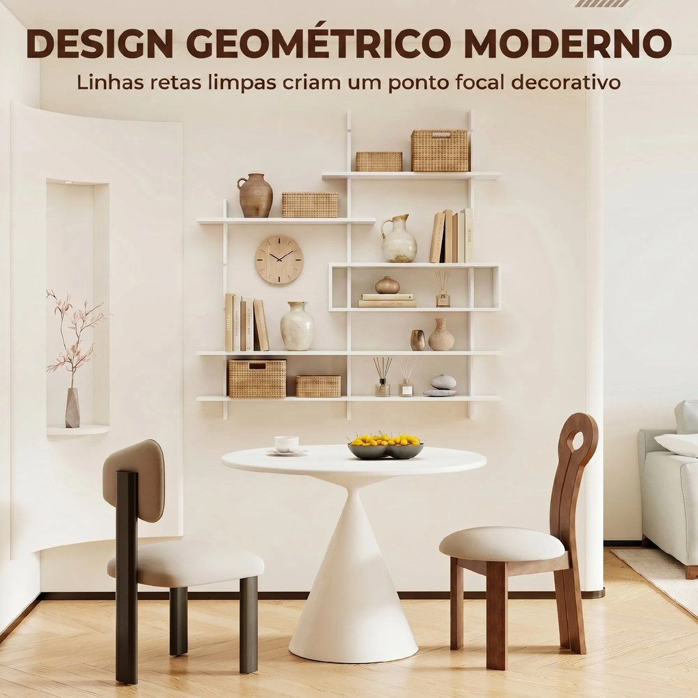 Estante Flutuante de Parede Geométrica Branca 136x20x140 cm com 4 Níveis e Compartimento Central Branco