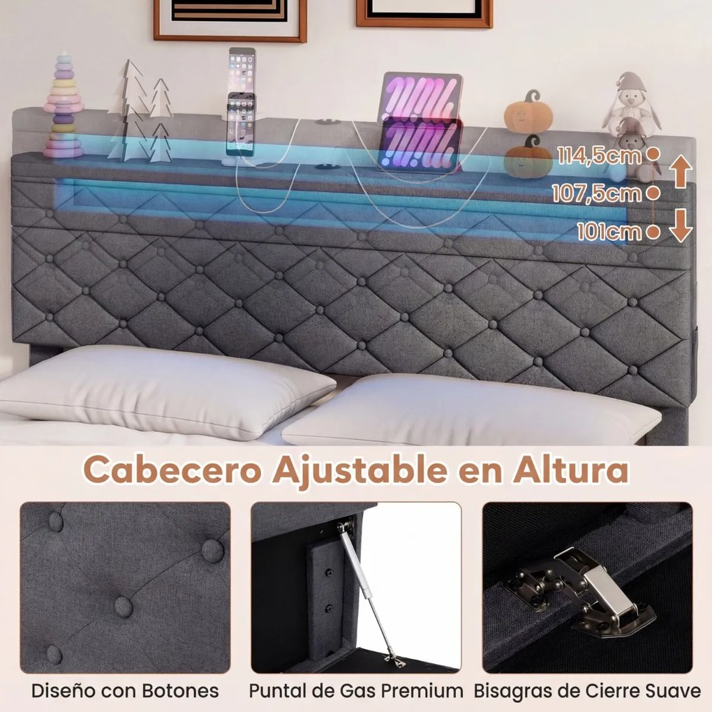 Estrutura de cama 160x200 cm (COLCHÃO NÃO INCLUIDO) com LED USB, estofado, gavetas, cabeceira ajustável, espaço de arrumação, ripas de madeira, não ne