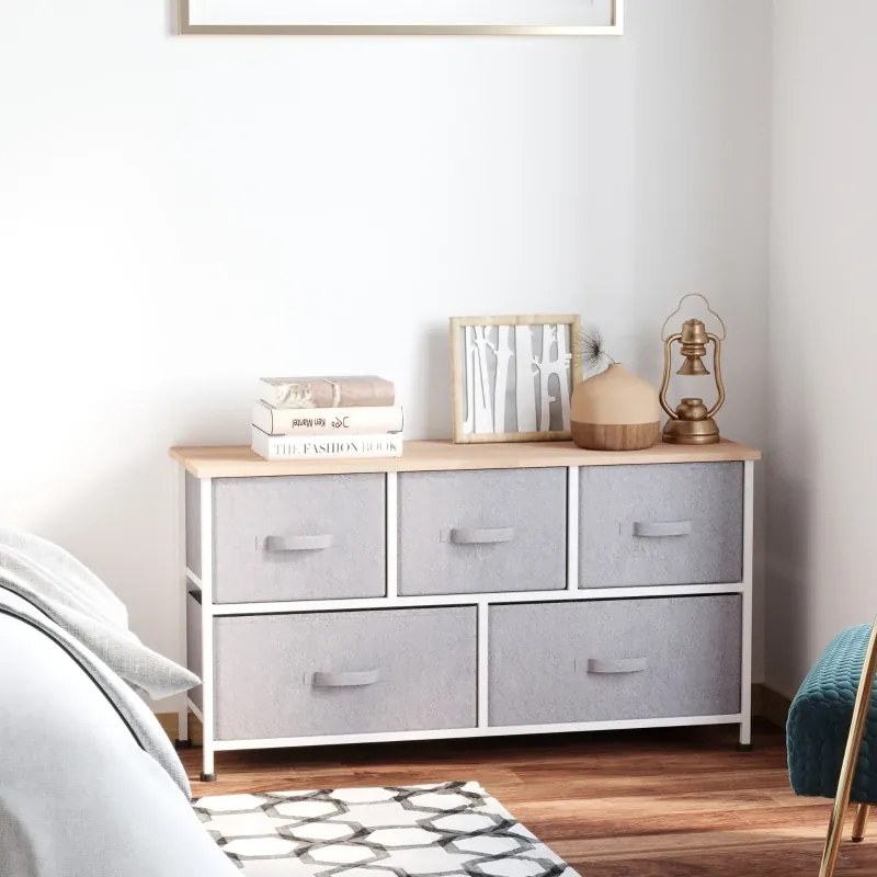 Cómoda com 5 Gavetas de Tecido  100x30x54 cm Cómoda para Quarto Estrutura Metálica Cinzento