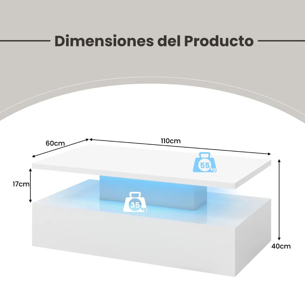 Mesa de centro LED de 2 níveis com cores de luz ajustáveis em formato retangular contemporâneo para sala de estar 110 x 60 x 40 cm Branca