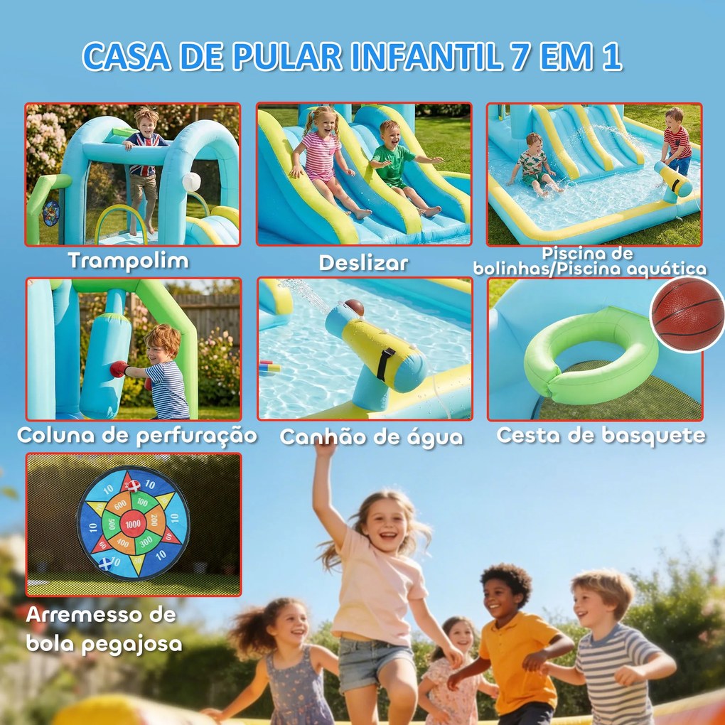 Castelo Insuflável Aquático 7 em 1 com Insuflador 450W 2 Escorregas Trampolim Piscina Cesto Coluna de Boxe 426x360x198 cm Multicor