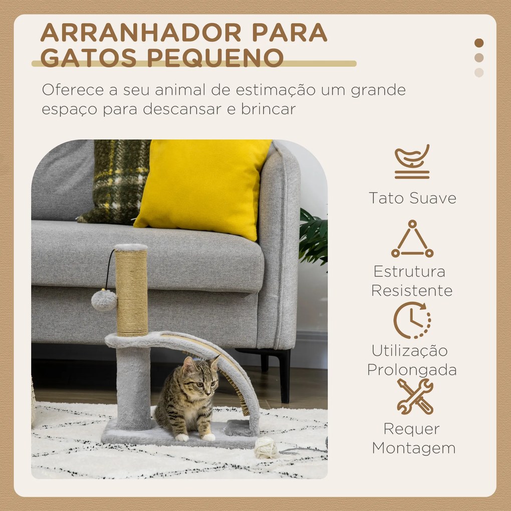 Arranhador para Gatos Altura 43 cm Mini Arranhador para Gatos com Tábua para Arranhar Bola Suspensa e Poste de Juta Cinza