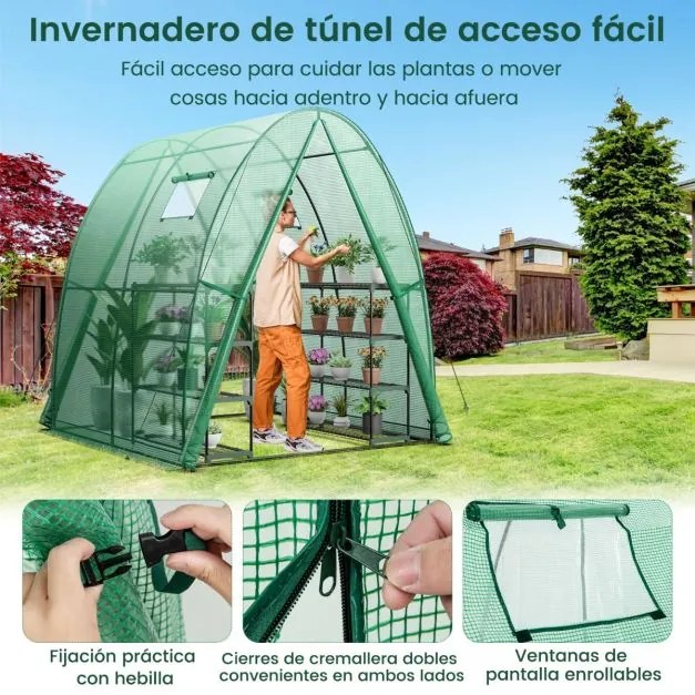 Estufa agrícola para exterior com 2 portas com fecho de correr, 2 janelas enroláveis e bolsas laterais 181 x 181 x 200 cm Verde