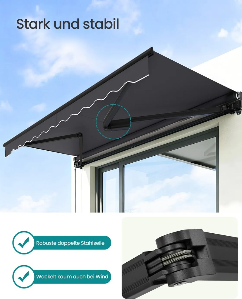 Toldo varanda articulado 300 x 250 cm com manivela para uma proteção solar fiável, cinzento