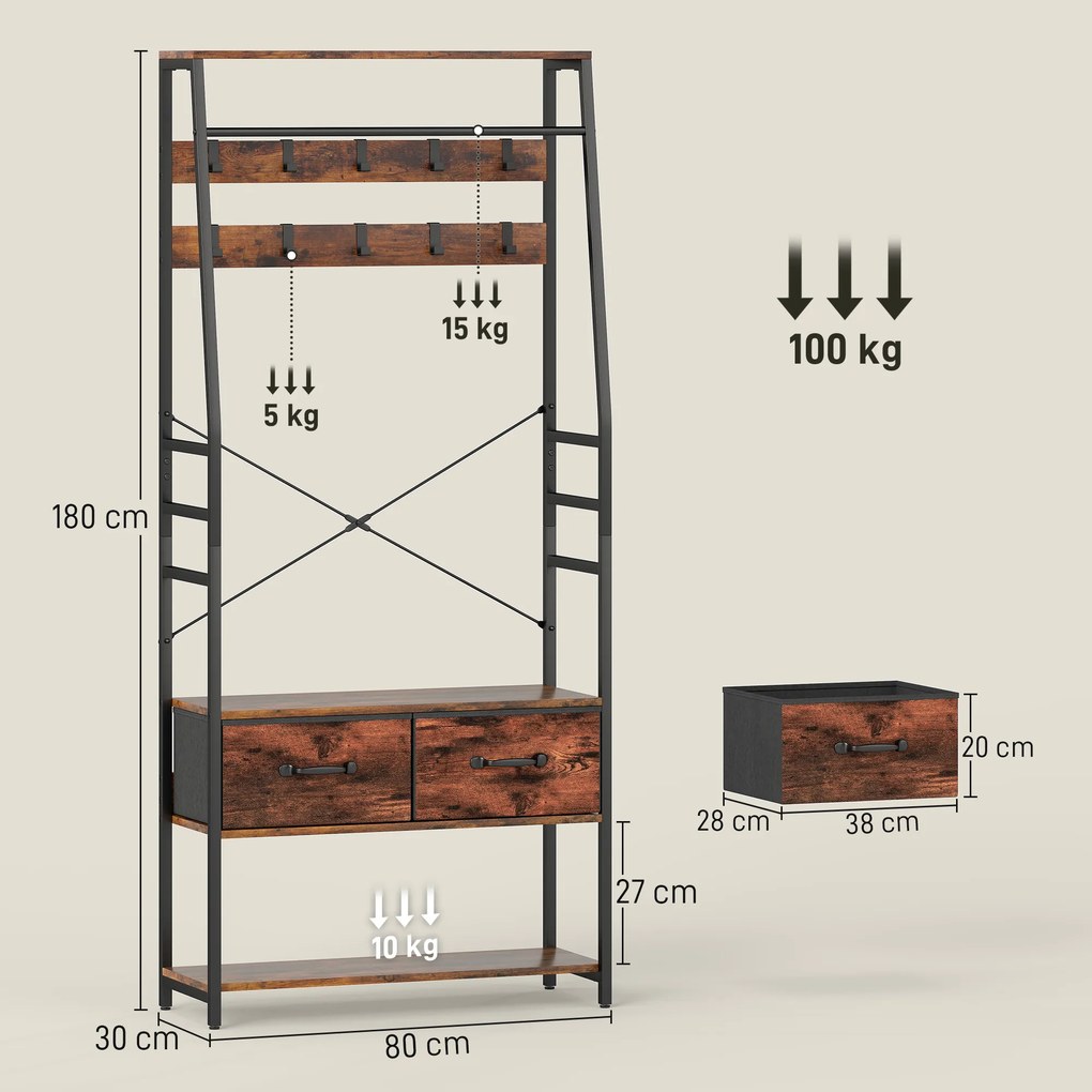 Móvel de entrada 6 em 1: cabideiro, varão para roupa, prateleira, 2 gavetas, 10 ganchos, 80 x 30 x 180 cm, castanho rústico