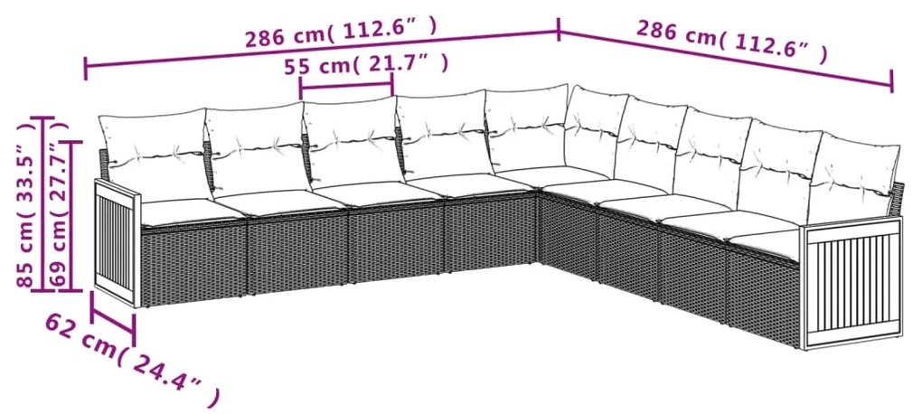 9 pcs conjunto de sofás p/ jardim c/ almofadões vime PE preto