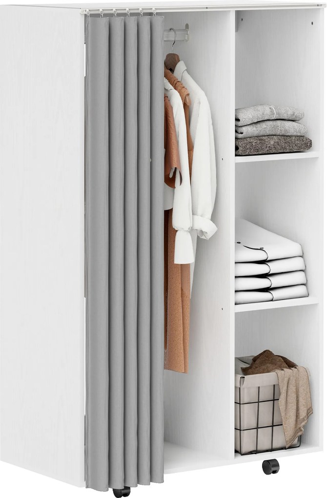 Guarda-roupa móvel com 4 rodas, com varão para cabides e prateleiras abertas, branco