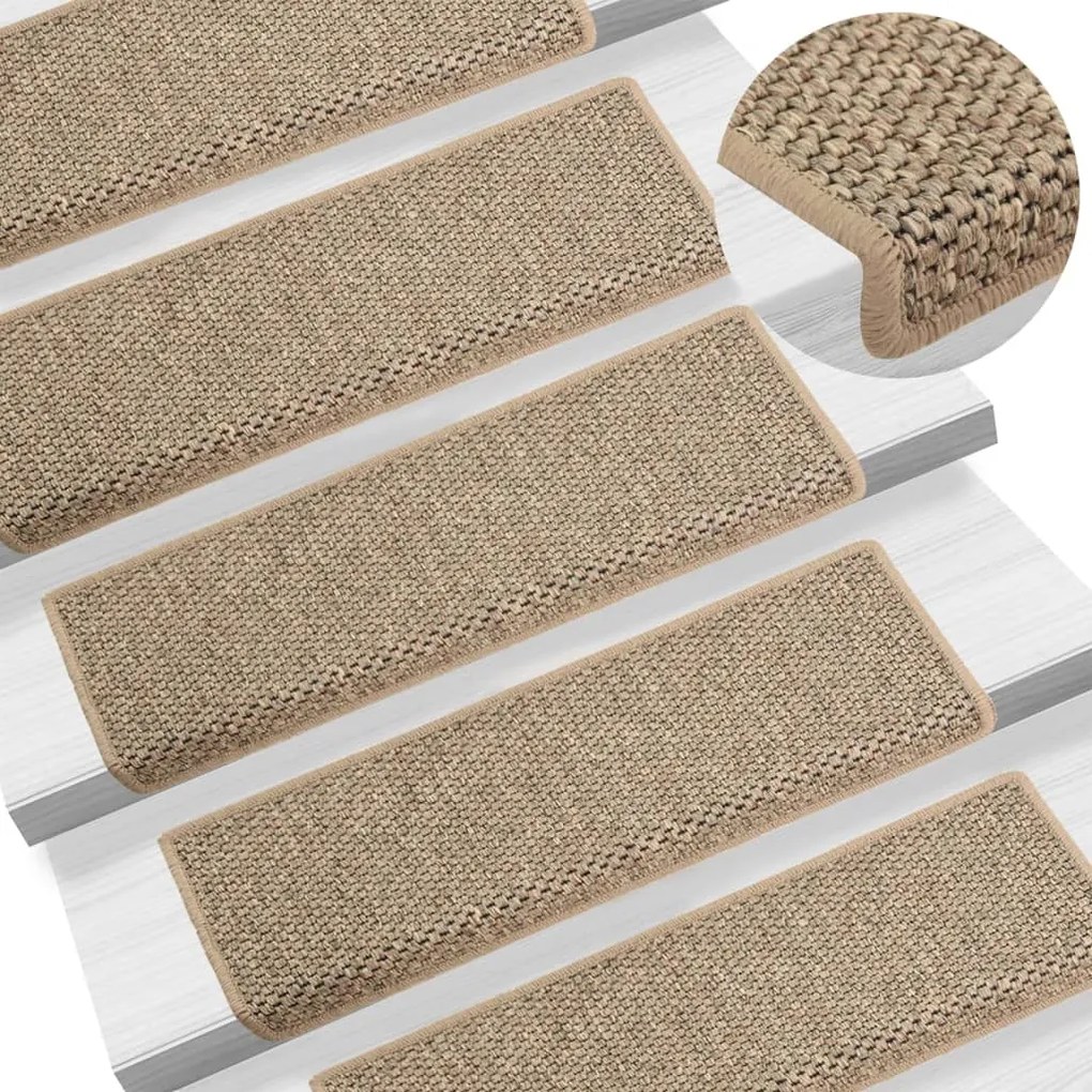 vidaXL Tapetes escada adesivos aspeto sisal 15pcs 65x21x4 bege-escuro
