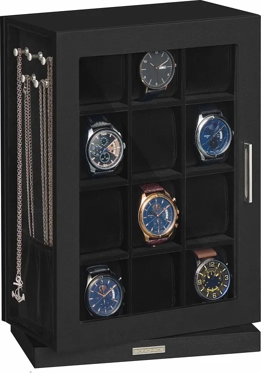 Caixa para relógios com 12 compartimentos e janelas de vidro 15,2 x 23,4 x 33,5 cm, giratória em 360°, preta
