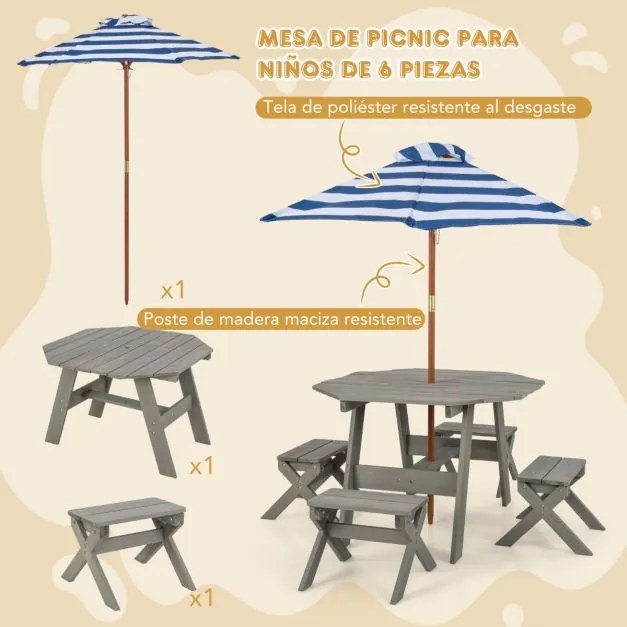 Conjunto de mesa de madeira para crianças com 4 cadeiras Guarda-sol dobrável de altura ajustável para pátio exterior Pátio jardim Cinzenta