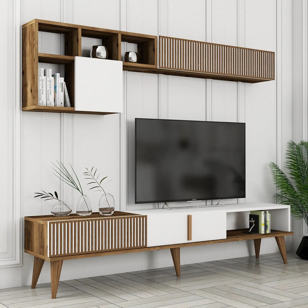Conjunto de Móveis de Sala de Estar MilanSet481 – Nogueira/Branco – TV