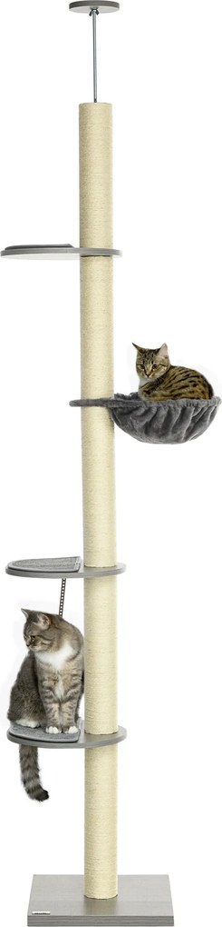 PawHut Arranhador com rede, incl. haste tensionadora para teto, até o teto, 40 cm x 40 m x 250 cm, Cinza + Creme branco | Aosom Portugal