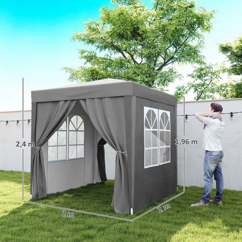 Tenda Dobrável 2x2m com 4 Paredes Laterais Tecido Oxford 2 Janelas e Saco de Transporte Anti-UV Impermeável Cinzento