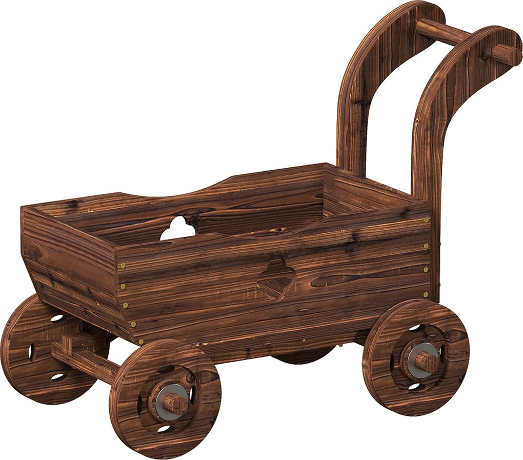 Outsunny Carrinho de Madeira Decorativo Vaso Elevado com 4 Rodas Pega Orifícios de Drenagem 68x38x52 cm Carbonizado | Aosom Portugal
