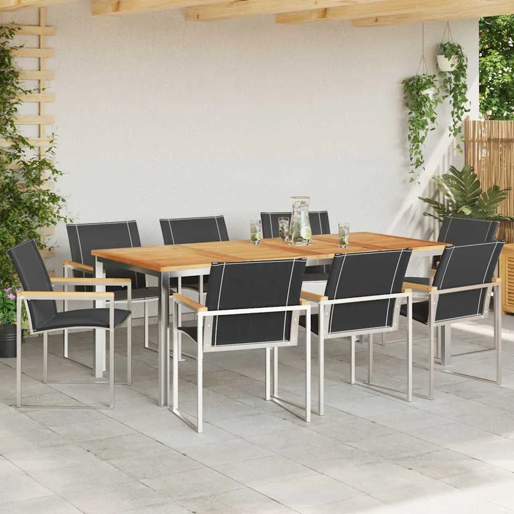 Conjunto de Jantar de Jardim 9 Peças em Madeira de Acácia e Aço Inoxid