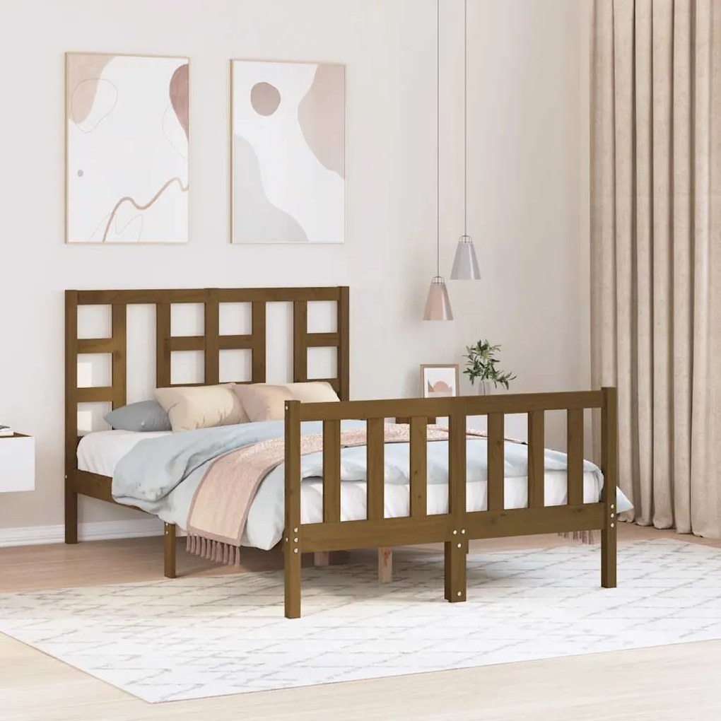 Estrutura de cama dupla pequena 4FT madeira maciça castanho-mel