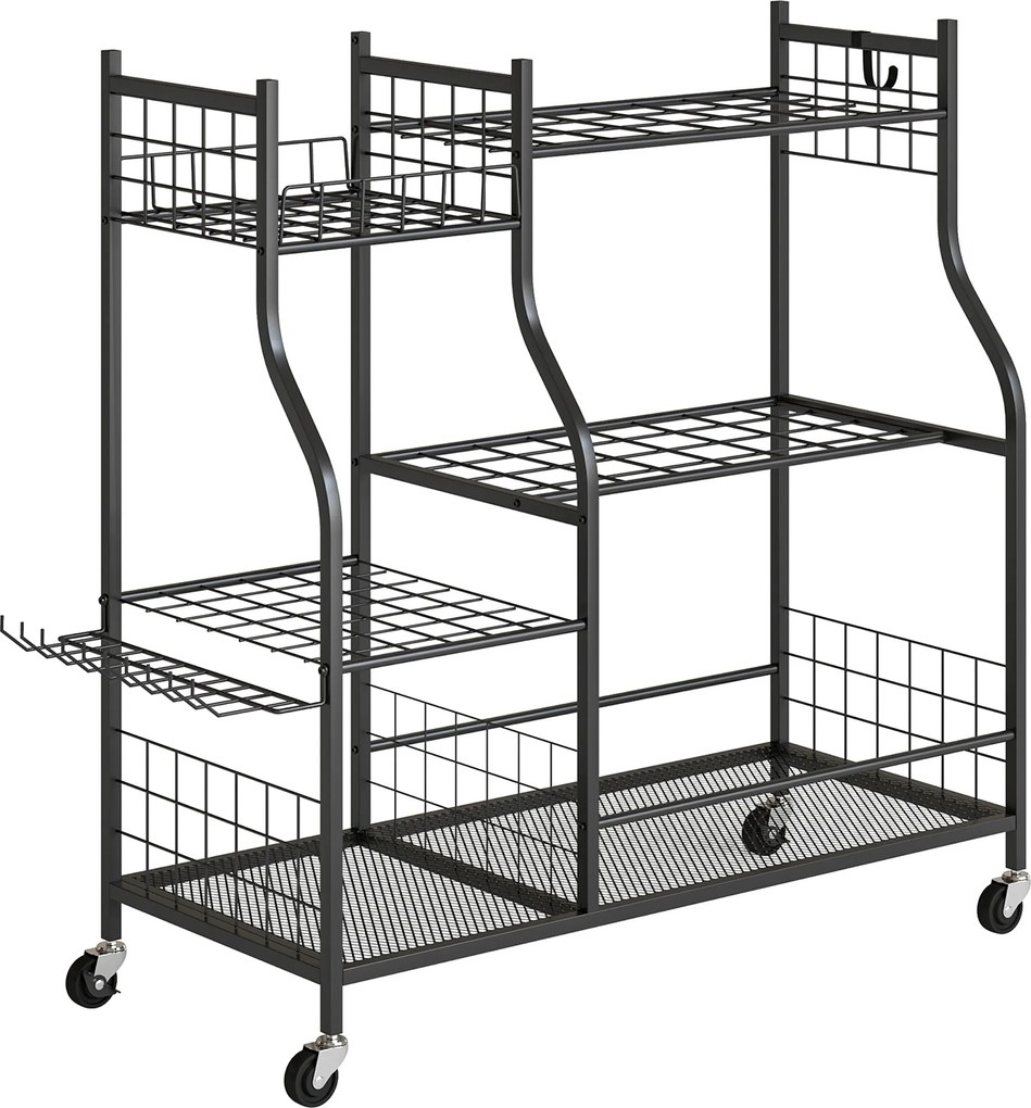 Outsunny Organizador de Ferramentas de Jardim em Aço de 3 Níveis, 74 Espaços, 4 Rodas, 11 Ganchos, 104x40x95cm, Preto | Aosom Portugal