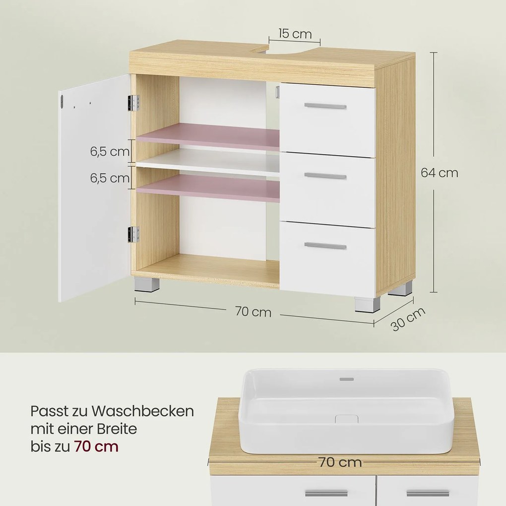 Armário casa banho para lavatório (não incluído) com 3 gavetas grandes 30 x 70 x 64 cm Branco - bege natural