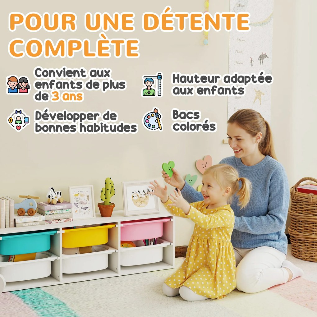 Móvel de Arrumação Infantil, 97 x 21 x 29 cm, 2 Níveis com 6 Caixas Amovíveis, Branco