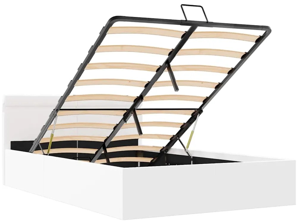 Cama hidráulica LED c/ arrumação 140x200cm couro artifi. branco