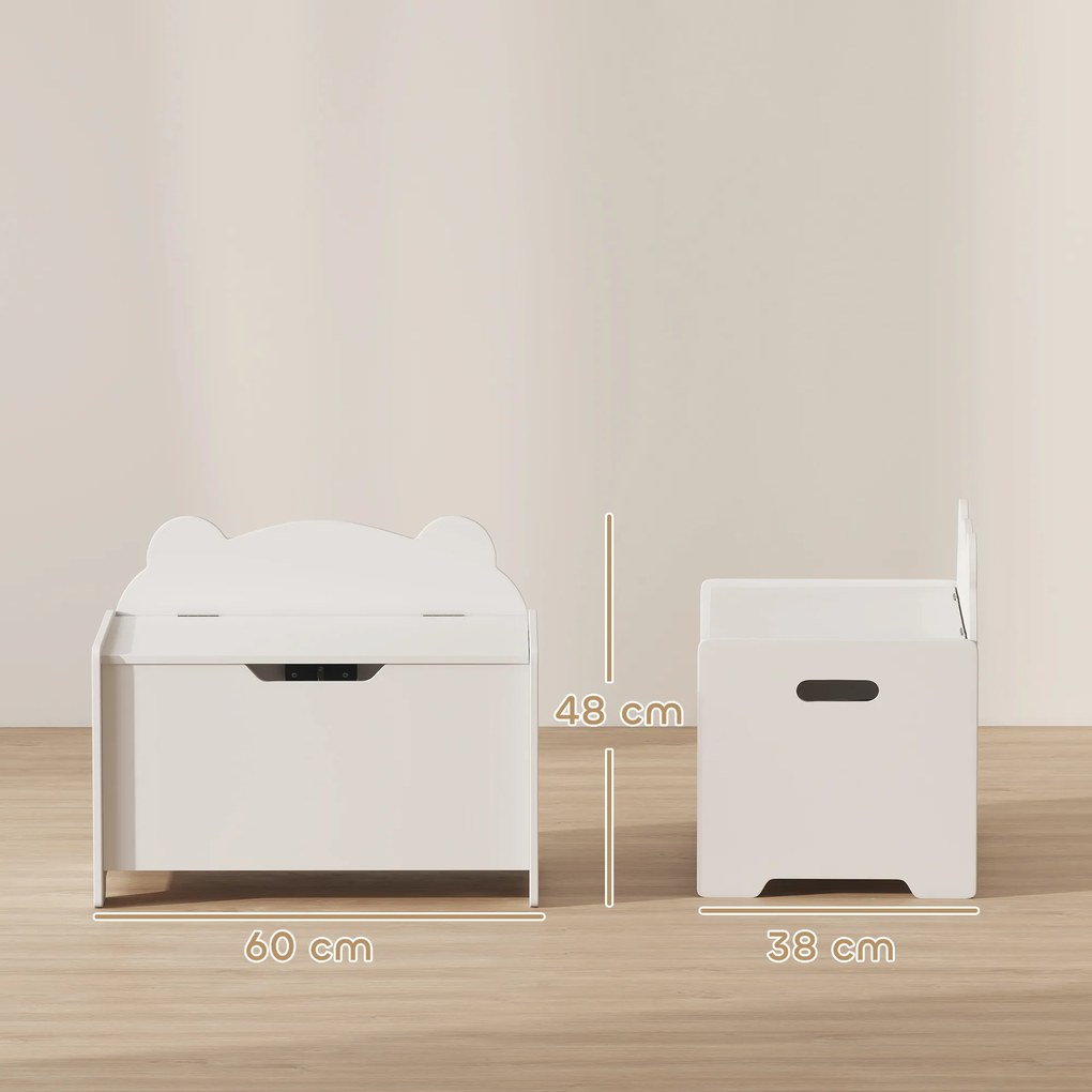 Baú para brinquedos infantil 60 x 38 x 48 cm com tampa rebatível, baú de arrumação infantil, em forma de urso, branco
