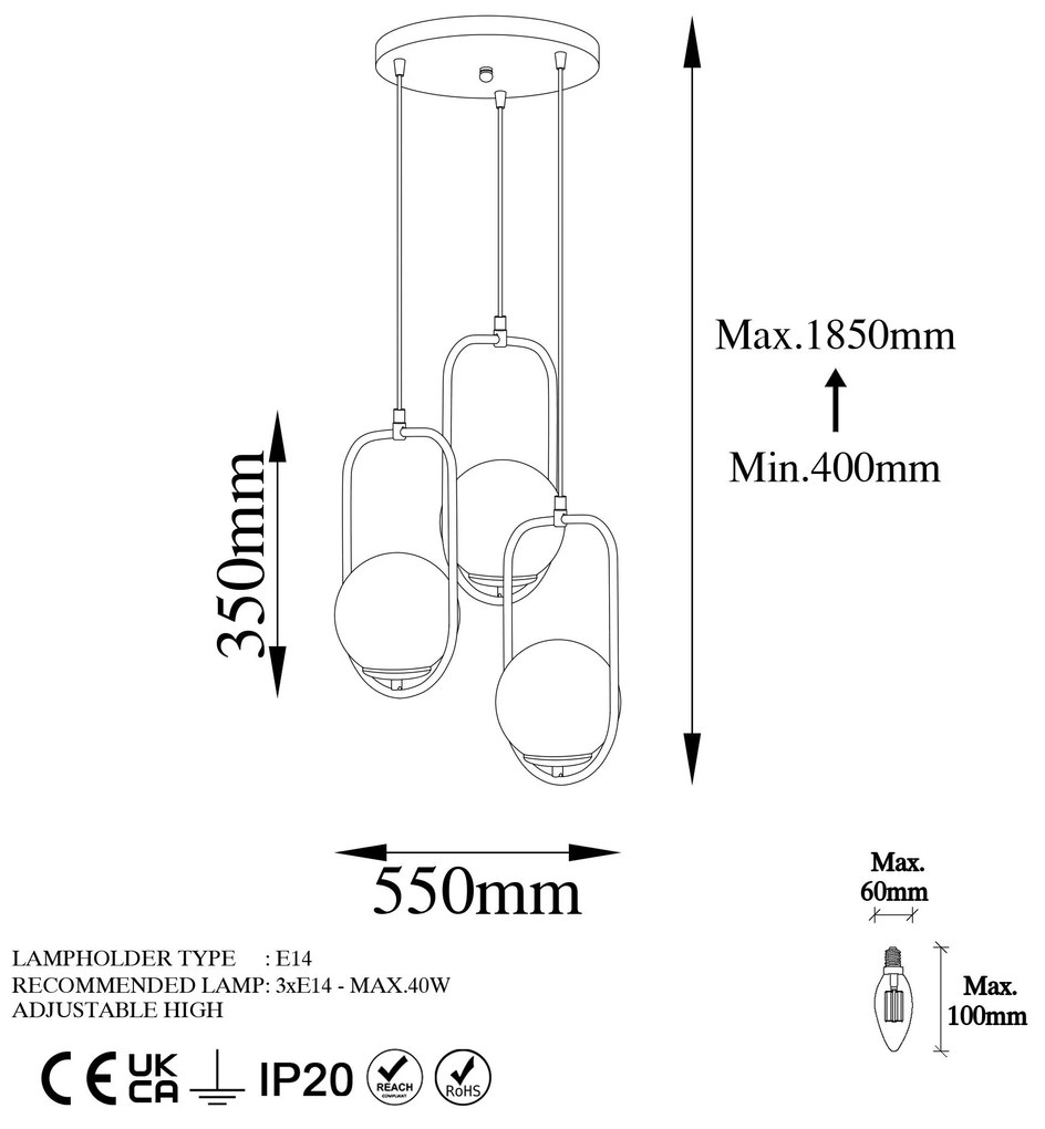 Candeeiro Suspenso Skew – Dourado – 55 cm