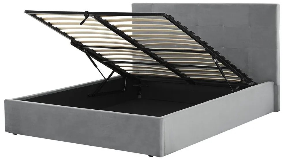 Cama de casal com arrumação em veludo cinzento 160 x 200 cm LORIENT Beliani