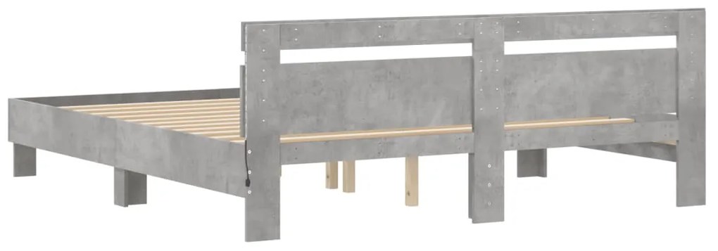 Estrutura cama cabeceira e luzes LED 160x200cm cinzento cimento