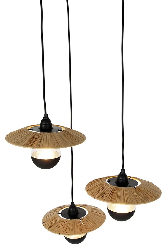 Candeeiro de suspensão rústico preto com corda 3 luzes - Leia