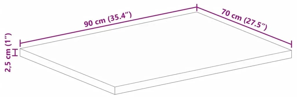 Tampo de mesa retangular 90x70x2,5 cm mangueira áspera maciça