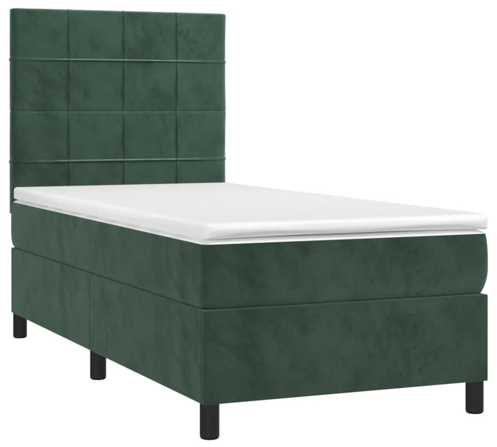 Cama box spring c/ colchão/LED 100x200 cm veludo verde-escuro