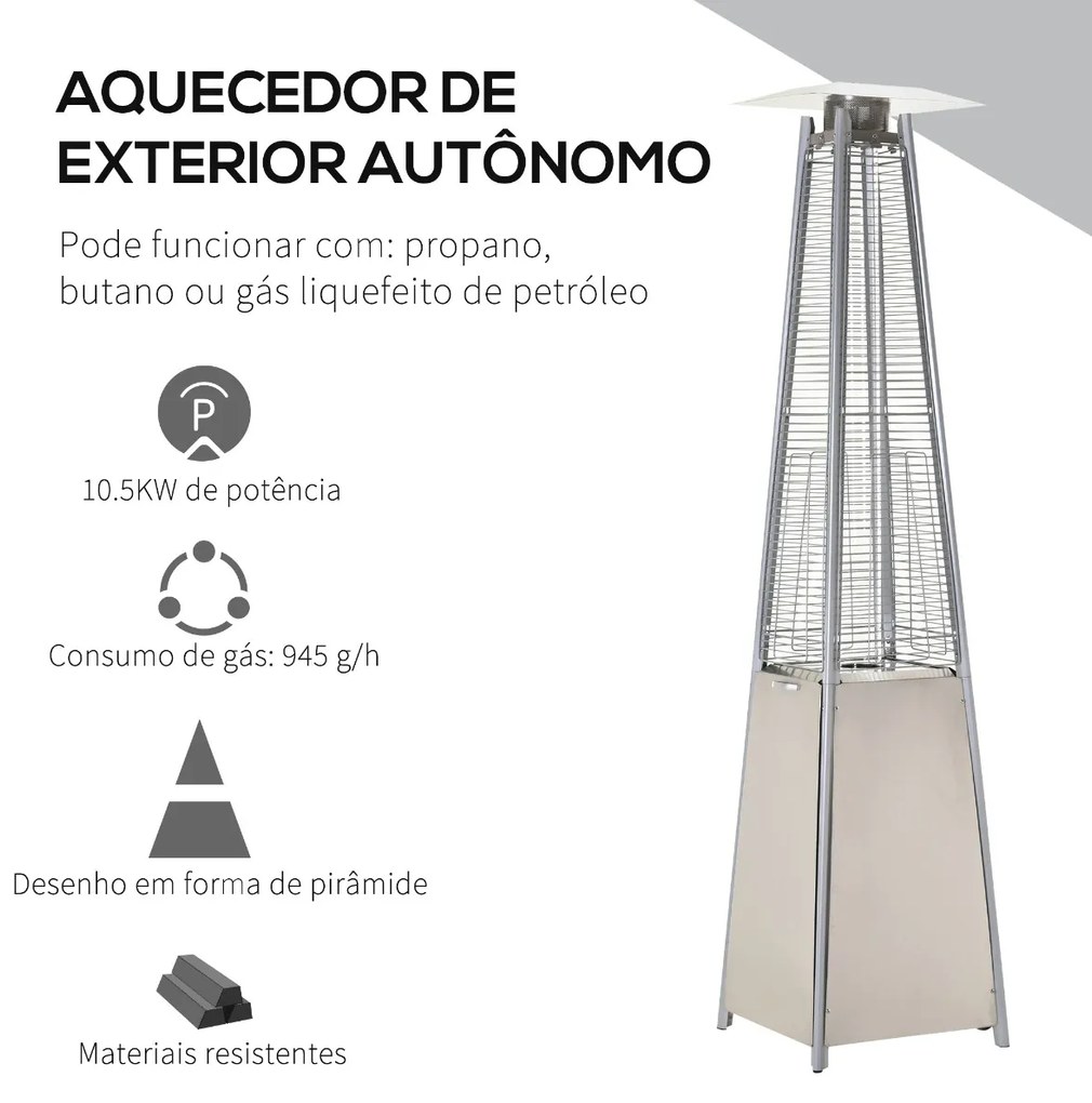 Aquecedor a Gás para Exterior Pirâmide 10,5KW Aquecedor de Exterior de Propano Aço Inoxidável com Funda Protetora Regulador Mangueira e Rodas