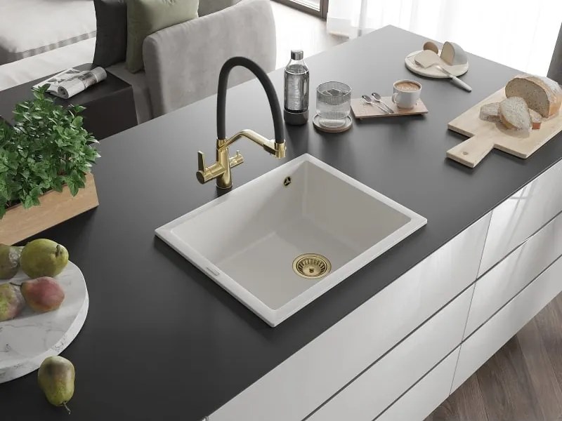 Mexen Pedro lava-louça de granito 1-cuba 560 x 460 mm, branco, sifão dourado - 6508561000-20-G